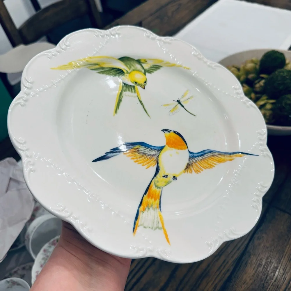 Decorative Scallop Plate with Birds and Dragonfly 10.5”